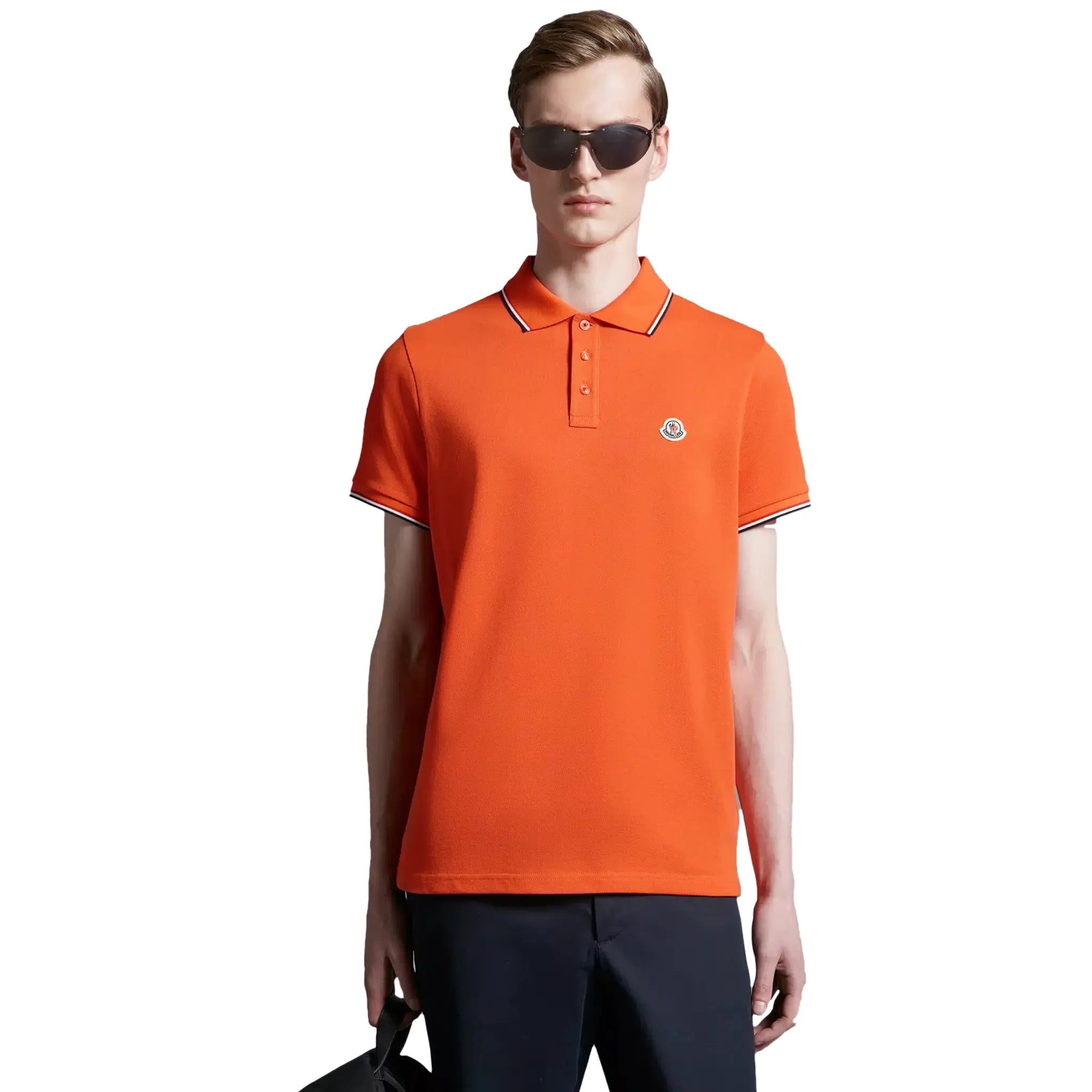 Model Front view of Moncler Maglia Orange Polo Shirt J10918A7030084556389